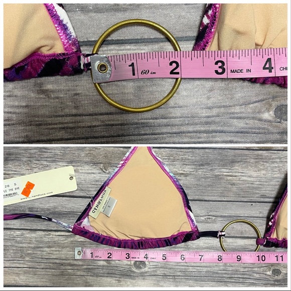 Cyn and Luca Purple White Tie Dye Ring Sliding Triangle Bikini Top NWT Small NOS - Picture 9 of 12
